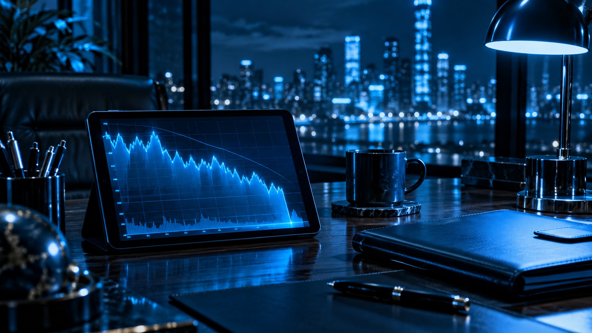Escena cinematográfica en azul noche: una sala de crisis en penumbra con una mesa larga, sillas vacías o siluetas sin rostro y, al fondo, una pantalla o proyección con una curva que cae en picada en azul brillante, sin texto legible ni logo.