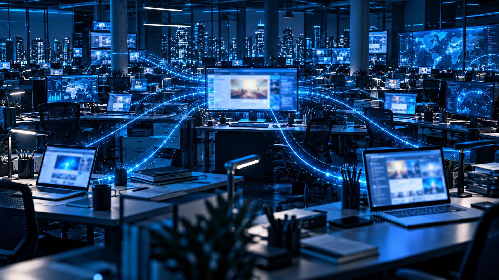 Escena cinematográfica en azul noche: una oficina abierta o sala de redacción de noche, con varias laptops y pantallas encendidas; en una de ellas, un recuadro de publicidad genérico del que salen finas líneas de datos en azul brillante hacia los equipos cercanos; sin caras, sin logos y sin texto legible.