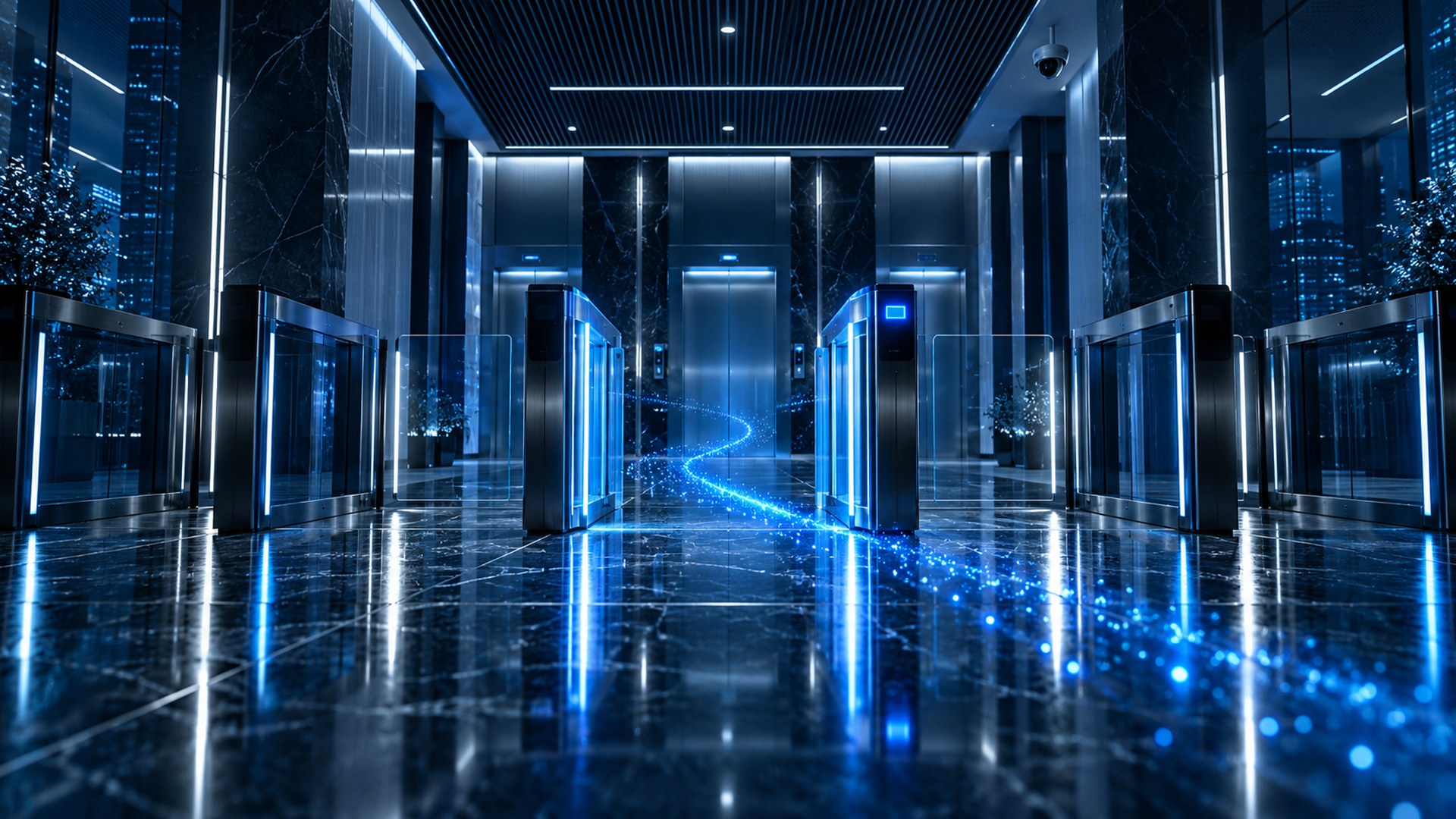 Escena cinematográfica nocturna en azul noche: el lobby vacío de un edificio corporativo con una fila de molinetes de control de acceso; uno está abierto, con su lector encendido en azul, y un rastro de partículas de luz azul lo atraviesa hacia los ascensores, como si alguien invisible acabara de pasar, bajo una cámara de seguridad; sin personas, sin caras, sin robots, sin logotipos y sin texto legible.