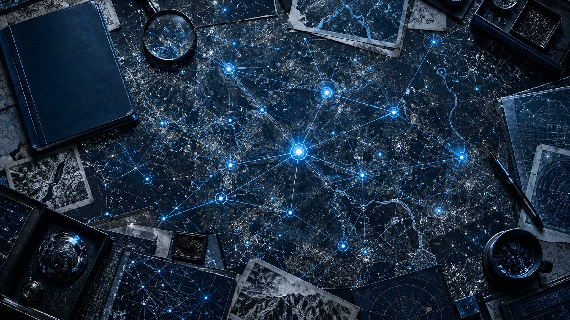 Escena cinematográfica en azul noche: una mesa de análisis en penumbra con un expediente cerrado y una lámpara baja; sobre ella, un campo de ruido gris difuso del que emergen unos pocos hilos y nodos de luz azul brillante que forman un patrón claro; sin caras, sin logos y sin texto legible.