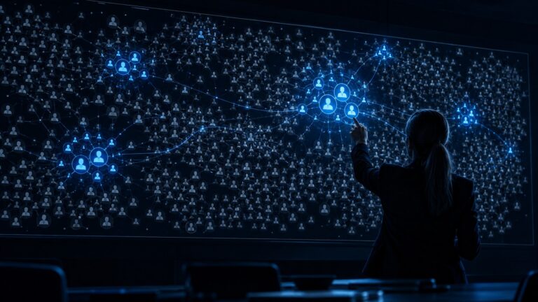 Escena cinematográfica en azul noche: una analista de espaldas señala en una pantalla mural grupos de cuentas coordinadas escondidas entre cientos de perfiles.