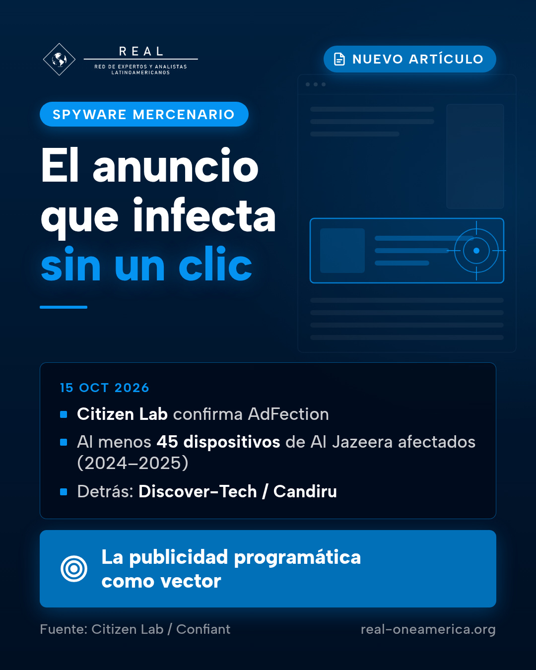 Pieza vertical de REAL en azul noche, con el logo de REAL, el rótulo «Nuevo artículo», la etiqueta «Spyware mercenario», el titular «El anuncio que infecta sin un clic» y datos que indican que el 15 de octubre de 2026 Citizen Lab confirmó AdFection, que al menos 45 dispositivos de Al Jazeera resultaron afectados entre 2024 y 2025 y que detrás están Discover-Tech y Candiru; una banda dice «La publicidad programática como vector» y al pie, «Fuente: Citizen Lab / Confiant · real-oneamerica.org».